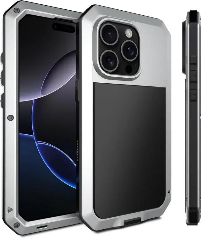 Alt view image 2 of 7 - for iPhone 16 Pro Max Metal Case 6.9",Heavy Duty Shockproof Aluminum Alloy Tough Armour Military Phone Case,360 Full Body Protective Cover with Silicone Built-in Screen Protector - Silver