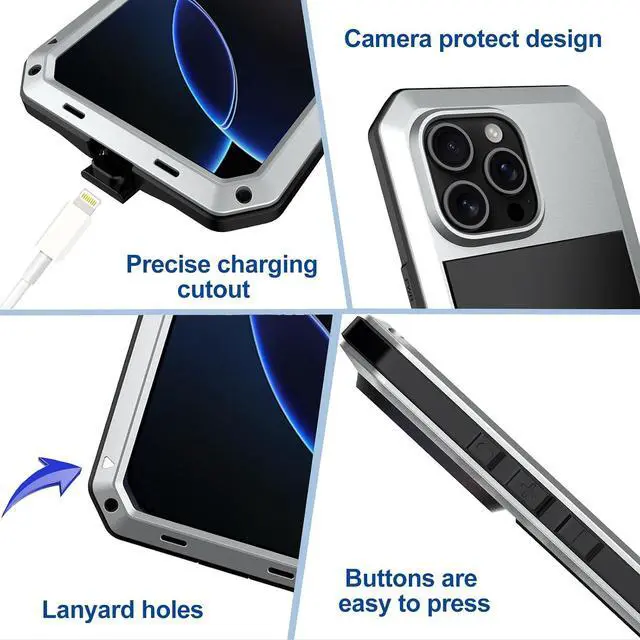 Alt view image 5 of 7 - for iPhone 16 Pro Max Metal Case 6.9",Heavy Duty Shockproof Aluminum Alloy Tough Armour Military Phone Case,360 Full Body Protective Cover with Silicone Built-in Screen Protector - Silver