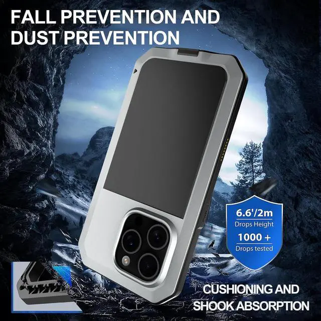 Alt view image 6 of 7 - for iPhone 16 Pro Max Metal Case 6.9",Heavy Duty Shockproof Aluminum Alloy Tough Armour Military Phone Case,360 Full Body Protective Cover with Silicone Built-in Screen Protector - Silver