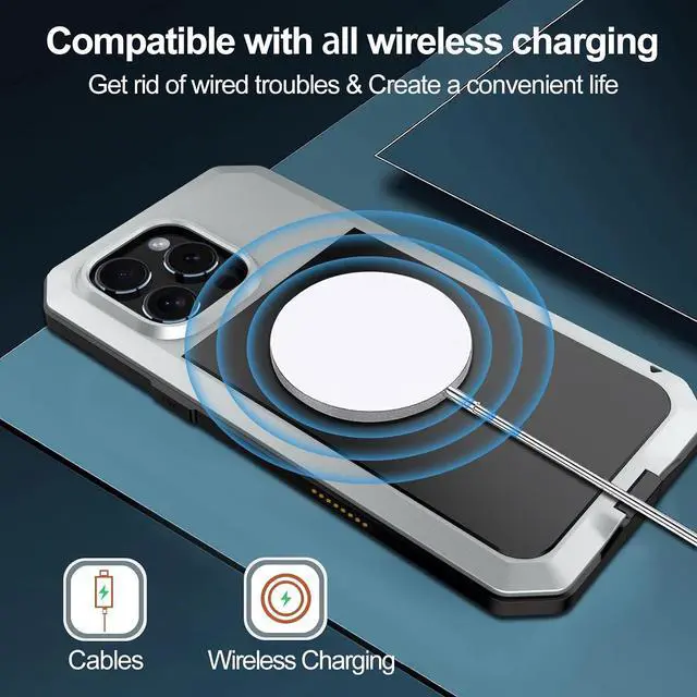 Alt view image 7 of 7 - for iPhone 16 Pro Max Metal Case 6.9",Heavy Duty Shockproof Aluminum Alloy Tough Armour Military Phone Case,360 Full Body Protective Cover with Silicone Built-in Screen Protector - Silver