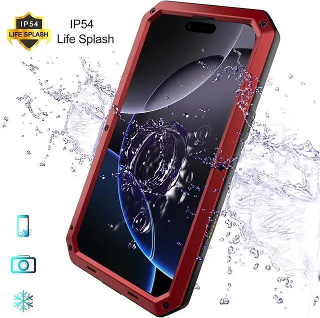 Alt view image 4 of 7 - for iPhone 16 Pro Max Metal Case 6.9",Heavy Duty Shockproof Aluminum Alloy Tough Armour Military Phone Case,360 Full Body Protective Cover with Silicone Built-in Screen Protector - Red