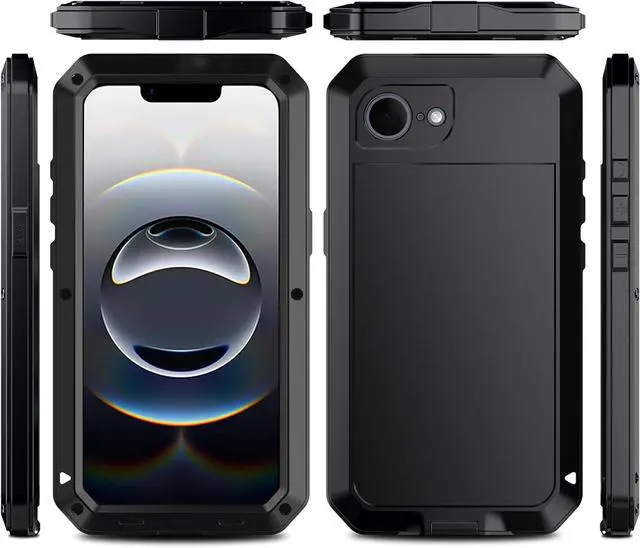 Alt view image 2 of 7 - for iPhone 16E Metal Case,Heavy Duty Shockproof Aluminum Alloy Tough Armour Military Grade Phone Case for iPhone 17E,Full Body Protective Cover with Silicone Built-in Screen Protector-Black