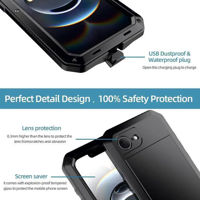 Alt view image 5 of 7 - for iPhone 16E Metal Case,Heavy Duty Shockproof Aluminum Alloy Tough Armour Military Grade Phone Case for iPhone 17E,Full Body Protective Cover with Silicone Built-in Screen Protector-Black