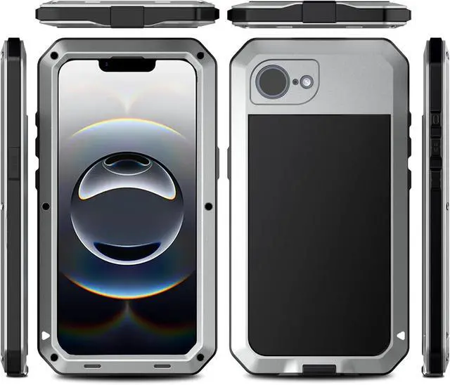 Alt view image 2 of 7 - for iPhone 16E Metal Case,Heavy Duty Shockproof Aluminum Alloy Tough Armour Military Grade Phone Case for iPhone 17E,Full Body Protective Cover with Silicone Built-in Screen Protector-Silver