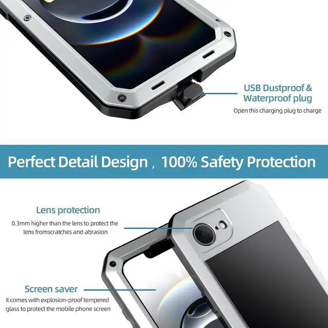 Alt view image 6 of 7 - for iPhone 16E Metal Case,Heavy Duty Shockproof Aluminum Alloy Tough Armour Military Grade Phone Case for iPhone 17E,Full Body Protective Cover with Silicone Built-in Screen Protector-Silver