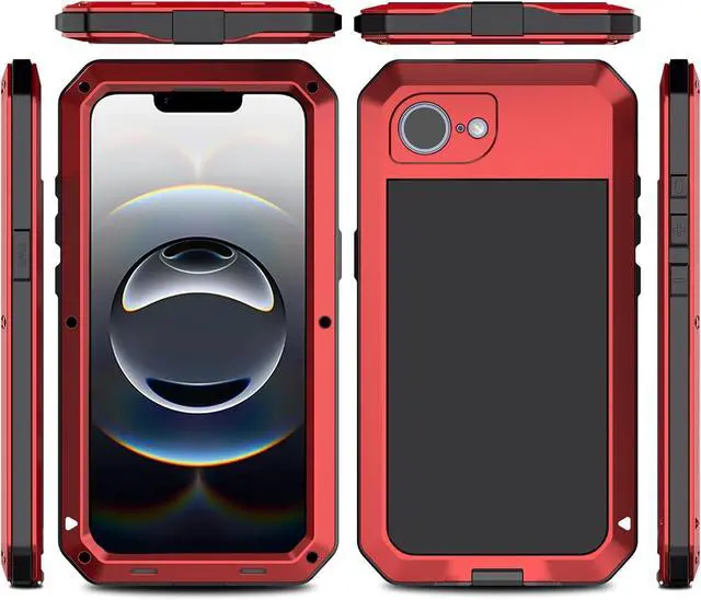 Alt view image 2 of 7 - for iPhone 16E Metal Case,Heavy Duty Shockproof Aluminum Alloy Tough Armour Military Grade Phone Case for iPhone 17E,Full Body Protective Cover with Silicone Built-in Screen Protector-Red