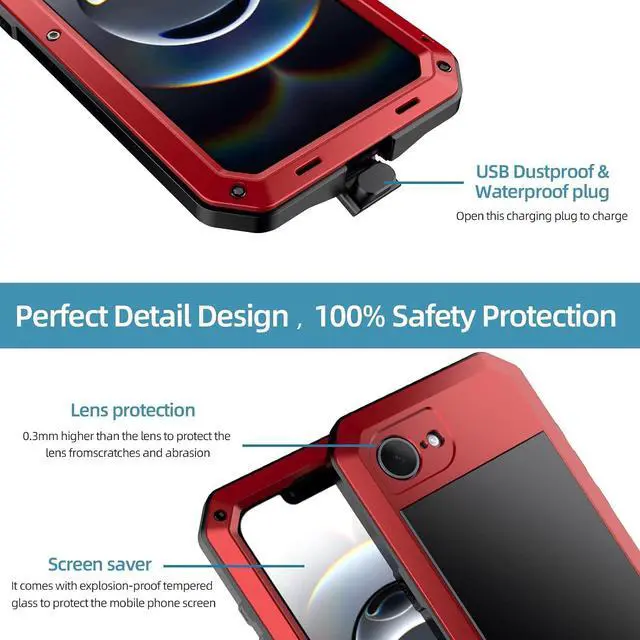 Alt view image 4 of 7 - for iPhone 16E Metal Case,Heavy Duty Shockproof Aluminum Alloy Tough Armour Military Grade Phone Case for iPhone 17E,Full Body Protective Cover with Silicone Built-in Screen Protector-Red