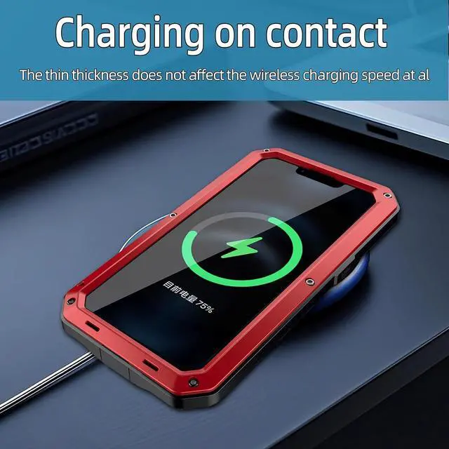 Alt view image 7 of 7 - for iPhone 16E Metal Case,Heavy Duty Shockproof Aluminum Alloy Tough Armour Military Grade Phone Case for iPhone 17E,Full Body Protective Cover with Silicone Built-in Screen Protector-Red