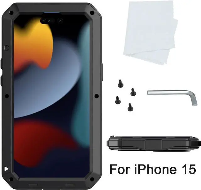 Alt view image 6 of 7 - Compatiable with iPhone 15 Case,360 Full Body Protective Cover Heavy Duty Shockproof Tough Armour Aluminum Alloy Metal Case with Silicone Built-in Screen Protector - Black