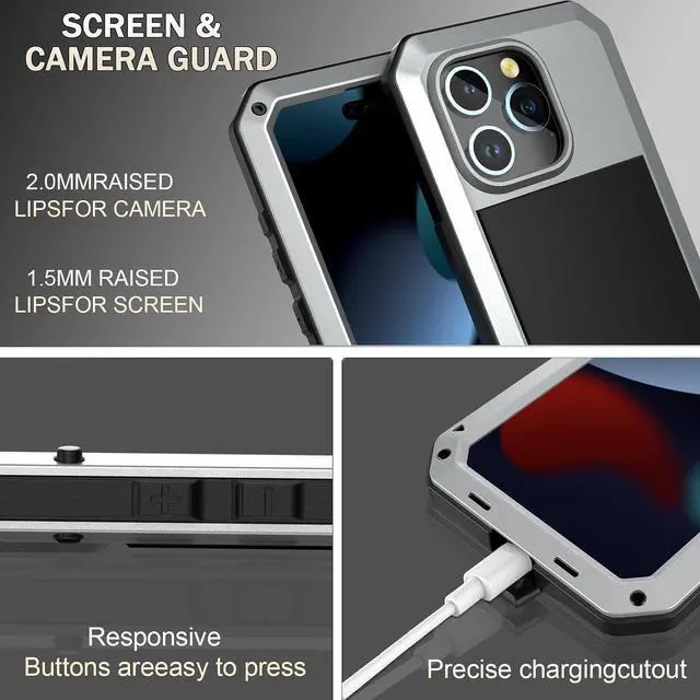 Alt view image 2 of 7 - Compatiable with iPhone 15 Case,360 Full Body Protective Cover Heavy Duty Shockproof Tough Armour Aluminum Alloy Metal Case with Silicone Built-in Screen Protector - Silver