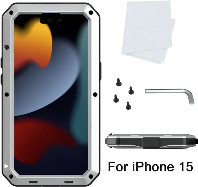 Alt view image 6 of 7 - Compatiable with iPhone 15 Case,360 Full Body Protective Cover Heavy Duty Shockproof Tough Armour Aluminum Alloy Metal Case with Silicone Built-in Screen Protector - Silver