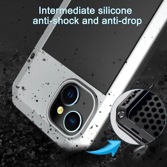 Alt view image 4 of 7 - Compatiable with iPhone 15 Case,360 Full Body Protective Cover Heavy Duty Shockproof Tough Armour Aluminum Alloy Metal Case with Silicone Built-in Screen Protector - Silver