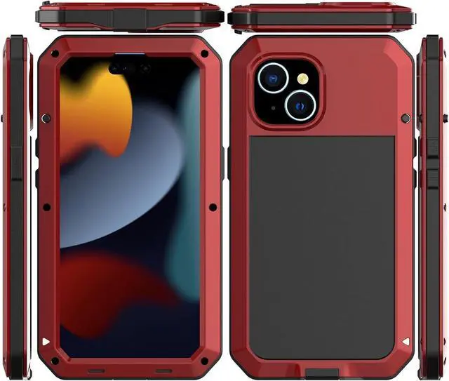 Main image of Compatiable with iPhone 15 Case,360 Full Body Protective Cover Heavy Duty Shockproof Tough Armour Aluminum Alloy Metal Case with Silicone Built-in Screen Protector - Red