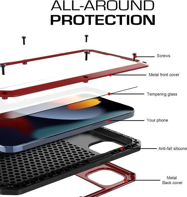 Alt view image 4 of 7 - Compatiable with iPhone 15 Case,360 Full Body Protective Cover Heavy Duty Shockproof Tough Armour Aluminum Alloy Metal Case with Silicone Built-in Screen Protector - Red