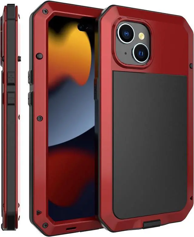 Alt view image 2 of 7 - Compatiable with iPhone 15 Case,360 Full Body Protective Cover Heavy Duty Shockproof Tough Armour Aluminum Alloy Metal Case with Silicone Built-in Screen Protector - Red