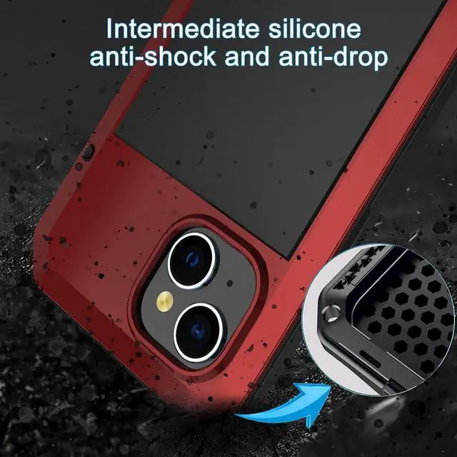 Alt view image 6 of 7 - Compatiable with iPhone 15 Case,360 Full Body Protective Cover Heavy Duty Shockproof Tough Armour Aluminum Alloy Metal Case with Silicone Built-in Screen Protector - Red
