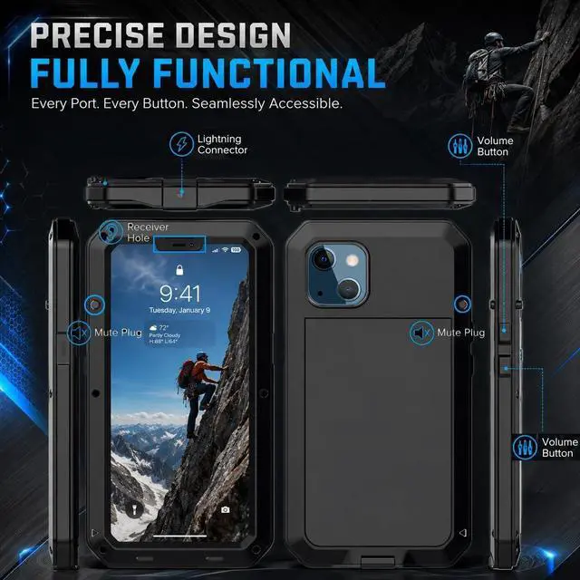 Alt view image 5 of 7 - for iPhone 13 Case, 360 Full Body Protective Cover Heavy Duty Shockproof Tough Armour Aluminum Metal Case with Silicone Built-in Screen Protector for Apple iPhone 13 6.1 Inch - Black