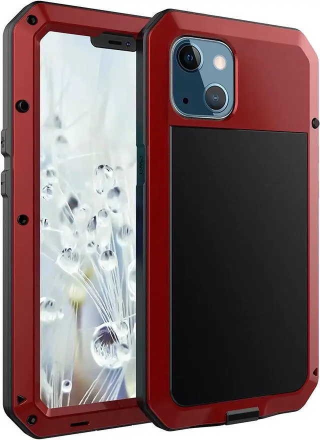 Alt view image 2 of 7 - for iPhone 13 Case, 360 Full Body Protective Cover Heavy Duty Shockproof Tough Armour Aluminum Alloy Metal Case with Silicone Built-in Screen Protector for Apple iPhone 13 6.1 Inch - Red