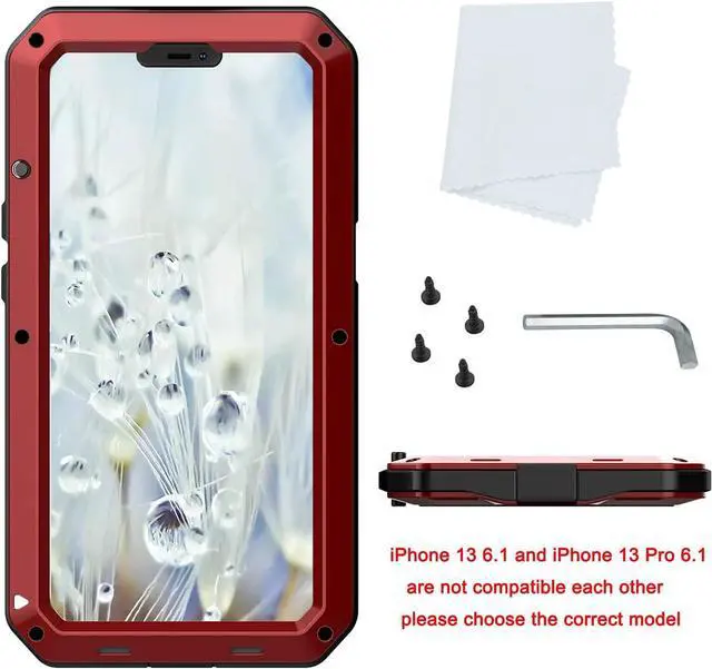 Alt view image 3 of 7 - for iPhone 13 Case, 360 Full Body Protective Cover Heavy Duty Shockproof Tough Armour Aluminum Alloy Metal Case with Silicone Built-in Screen Protector for Apple iPhone 13 6.1 Inch - Red
