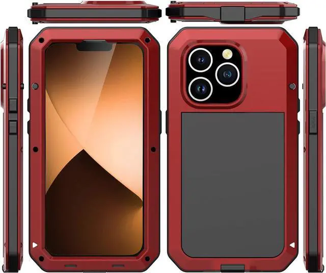 Alt view image 2 of 7 - for iPhone 14 Pro Max Case, 360 Full Body Protective Cover Heavy Duty Shockproof Tough Armour Aluminum Metal Case with Silicone Built-in Screen Protector for iPhone 14 Pro Max 6.7" - Red