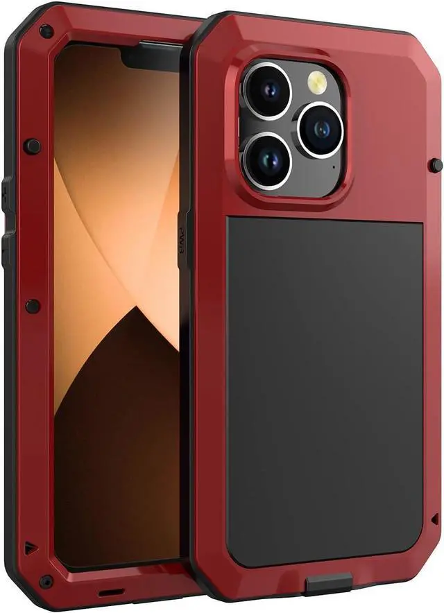 Alt view image 3 of 7 - for iPhone 14 Pro Max Case, 360 Full Body Protective Cover Heavy Duty Shockproof Tough Armour Aluminum Metal Case with Silicone Built-in Screen Protector for iPhone 14 Pro Max 6.7" - Red