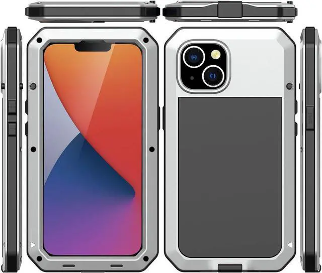 Alt view image 2 of 7 - for iPhone 14 Case, 360 Full Body Protective Cover Heavy Duty Shockproof Tough Armour Aluminum Metal Case with Silicone Built-in Screen Protector for Apple iPhone 14 6.1 Inch - Silver