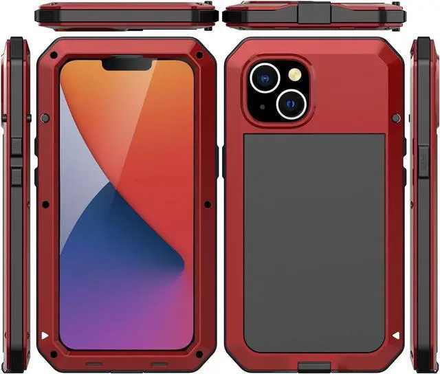 Alt view image 2 of 7 - for iPhone 14 Case, 360 Full Body Protective Cover Heavy Duty Shockproof Tough Armour Aluminum Alloy Metal Case with Silicone Built-in Screen Protector for Apple iPhone 14 6.1 Inch - Red