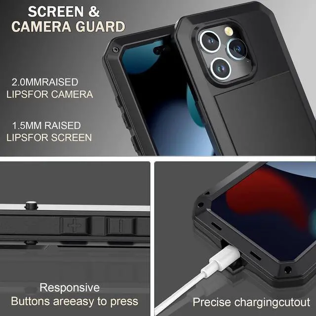 Alt view image 7 of 7 - for iPhone 14 Case, 360 Full Body Protective Cover Heavy Duty Shockproof Tough Armour Aluminum Metal Case with Silicone Built-in Screen Protector for Apple iPhone 14 6.1 Inch - Black