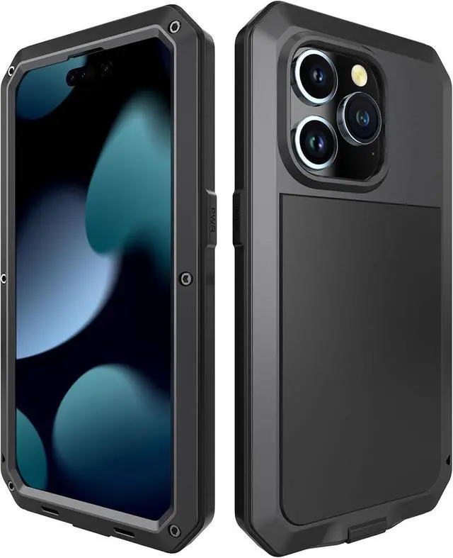 Alt view image 2 of 7 - Compatiable with iPhone 15 Pro Max Case,360 Full Body Protective Cover Heavy Duty Shockproof Tough Armour Aluminum Alloy Metal Case with Silicone Built-in Screen Protector - Black