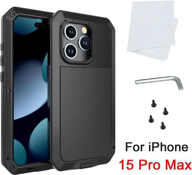 Alt view image 7 of 7 - Compatiable with iPhone 15 Pro Max Case,360 Full Body Protective Cover Heavy Duty Shockproof Tough Armour Aluminum Alloy Metal Case with Silicone Built-in Screen Protector - Black