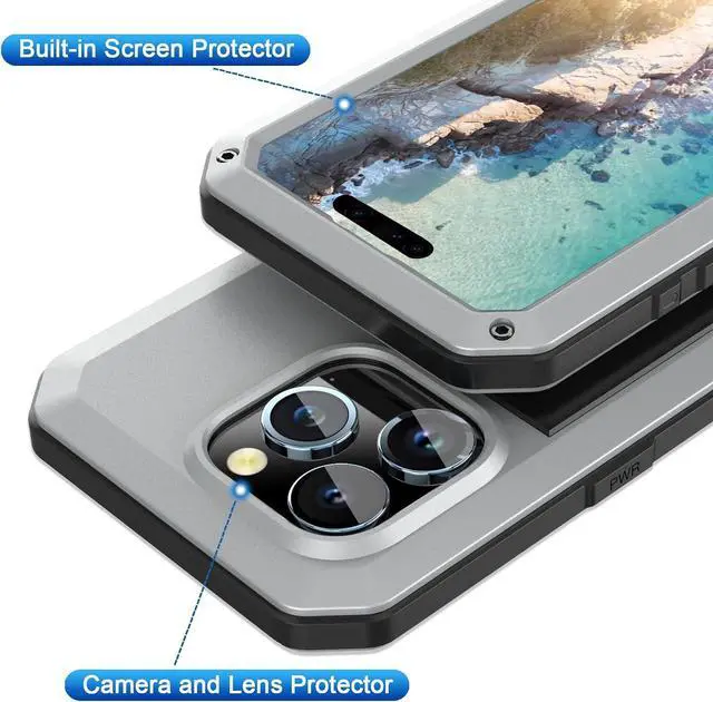 Alt view image 3 of 7 - Compatiable with iPhone 15 Pro Case,360 Full Body Protective Cover Heavy Duty Shockproof Tough Armour Aluminum Alloy Metal Case with Silicone Built-in Screen Protector - Silver