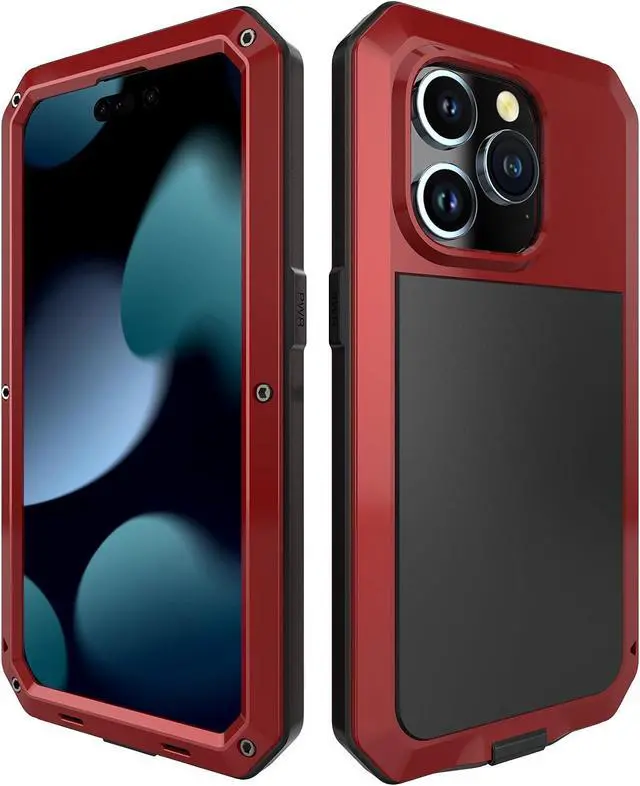 Main image of Compatiable with iPhone 15 Pro Max Case,360 Full Body Protective Cover Heavy Duty Shockproof Tough Armour Aluminum Alloy Metal Case with Silicone Built-in Screen Protector - Red