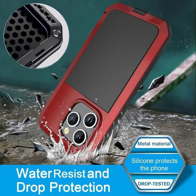 Alt view image 2 of 7 - Compatiable with iPhone 15 Pro Max Case,360 Full Body Protective Cover Heavy Duty Shockproof Tough Armour Aluminum Alloy Metal Case with Silicone Built-in Screen Protector - Red