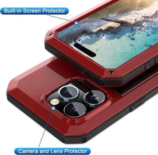 Alt view image 3 of 7 - Compatiable with iPhone 15 Pro Max Case,360 Full Body Protective Cover Heavy Duty Shockproof Tough Armour Aluminum Alloy Metal Case with Silicone Built-in Screen Protector - Red