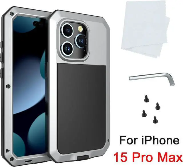 Alt view image 6 of 7 - Compatiable with iPhone 15 Pro Max Case,360 Full Body Protective Cover Heavy Duty Shockproof Tough Armour Aluminum Alloy Metal Case with Silicone Built-in Screen Protector - Silver