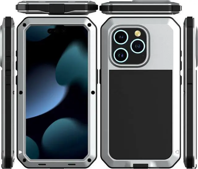 Alt view image 7 of 7 - Compatiable with iPhone 15 Pro Case,360 Full Body Protective Cover Heavy Duty Shockproof Tough Armour Aluminum Alloy Metal Case with Silicone Built-in Screen Protector - Silver
