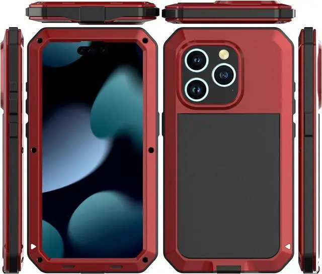 Alt view image 7 of 7 - Compatiable with iPhone 15 Pro Max Case,360 Full Body Protective Cover Heavy Duty Shockproof Tough Armour Aluminum Alloy Metal Case with Silicone Built-in Screen Protector - Red