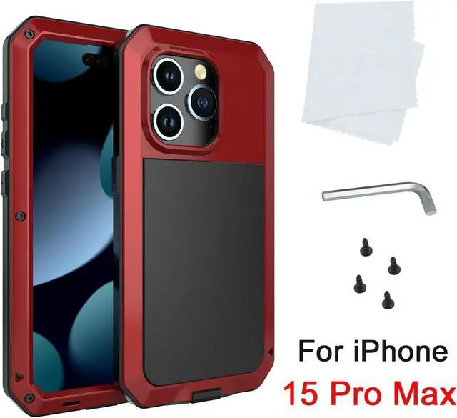 Alt view image 6 of 7 - Compatiable with iPhone 15 Pro Max Case,360 Full Body Protective Cover Heavy Duty Shockproof Tough Armour Aluminum Alloy Metal Case with Silicone Built-in Screen Protector - Red