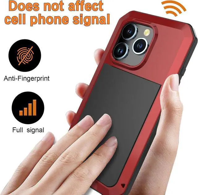 Alt view image 5 of 7 - Compatiable with iPhone 15 Pro Max Case,360 Full Body Protective Cover Heavy Duty Shockproof Tough Armour Aluminum Alloy Metal Case with Silicone Built-in Screen Protector - Red