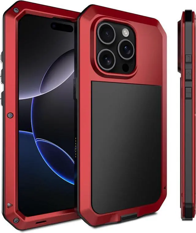 Alt view image 5 of 7 - for iPhone 16 Pro Max Metal Case 6.9",Heavy Duty Shockproof Aluminum Alloy Tough Armour Military Phone Case,360 Full Body Protective Cover with Silicone Built-in Screen Protector - Red