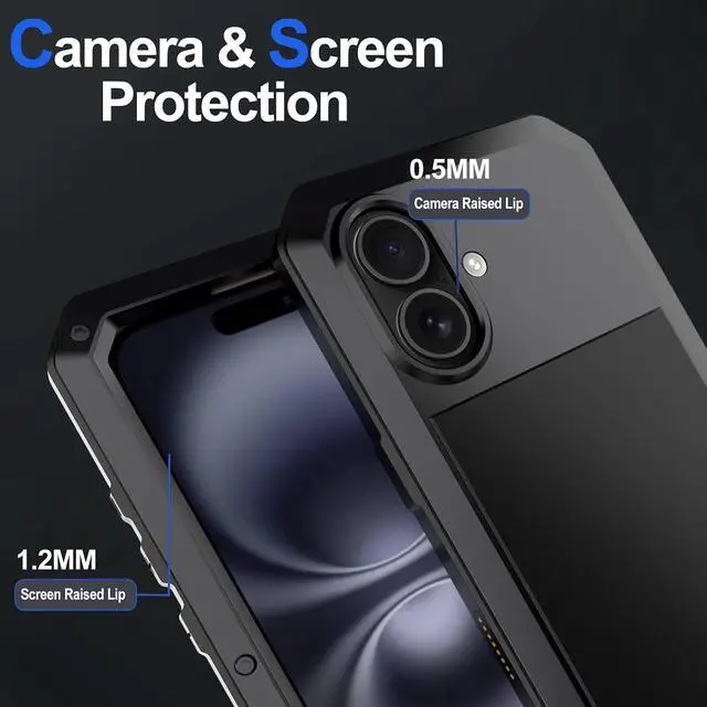 Alt view image 7 of 7 - for iPhone 16 Pro Metal Case 6.3",Heavy Duty Shockproof Aluminum Alloy Tough Armour Military Phone Case,360 Full Body Protective Cover with Silicone Built-in Screen Protector - Black