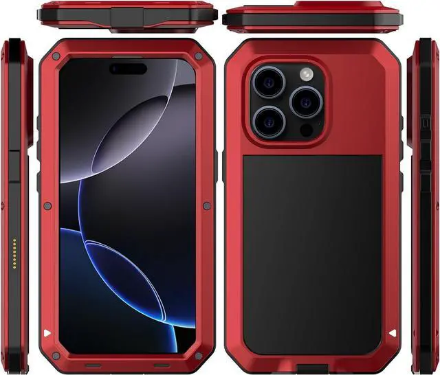 Main image of for iPhone 16 Pro Max Metal Case 6.9",Heavy Duty Shockproof Aluminum Alloy Tough Armour Military Phone Case,360 Full Body Protective Cover with Silicone Built-in Screen Protector - Red