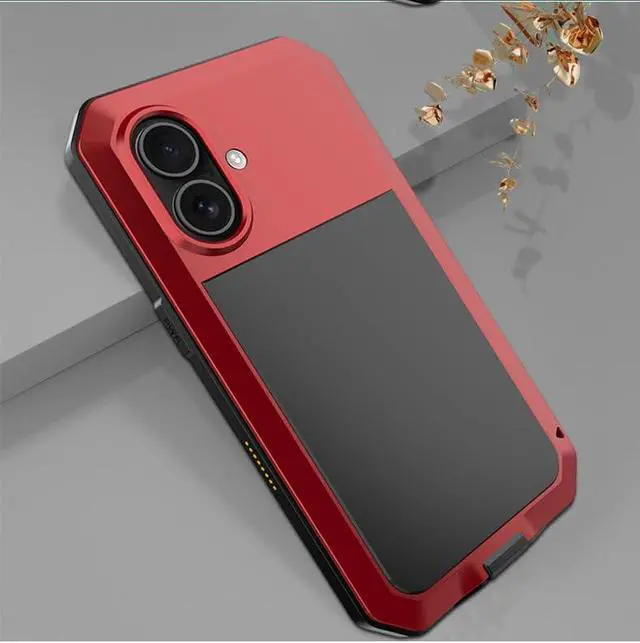 Alt view image 2 of 7 - for iPhone 16 Pro Max Metal Case 6.9",Heavy Duty Shockproof Aluminum Alloy Tough Armour Military Phone Case,360 Full Body Protective Cover with Silicone Built-in Screen Protector - Red