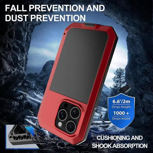 Alt view image 3 of 7 - for iPhone 16 Pro Max Metal Case 6.9",Heavy Duty Shockproof Aluminum Alloy Tough Armour Military Phone Case,360 Full Body Protective Cover with Silicone Built-in Screen Protector - Red