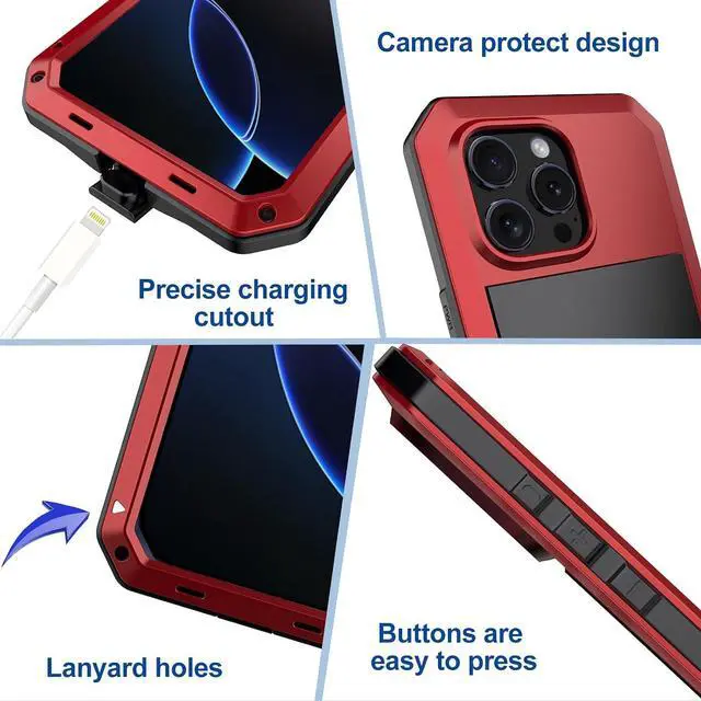 Alt view image 6 of 7 - for iPhone 16 Pro Max Metal Case 6.9",Heavy Duty Shockproof Aluminum Alloy Tough Armour Military Phone Case,360 Full Body Protective Cover with Silicone Built-in Screen Protector - Red