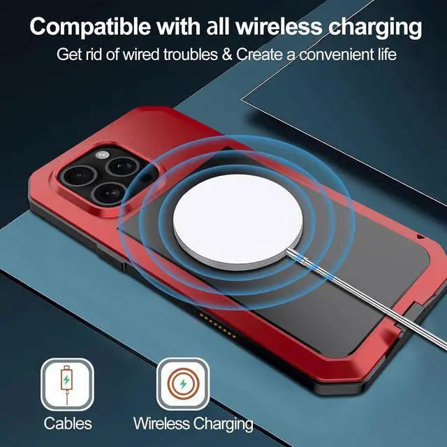 Alt view image 7 of 7 - for iPhone 16 Pro Max Metal Case 6.9",Heavy Duty Shockproof Aluminum Alloy Tough Armour Military Phone Case,360 Full Body Protective Cover with Silicone Built-in Screen Protector - Red