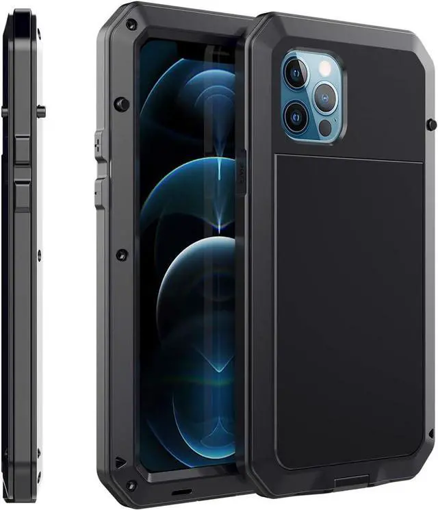 Alt view image 3 of 7 - for iPhone 12 Case,Full Body Protective Cover Heavy Duty Shockproof Tough Armour Aluminum Alloy Metal Case with Silicone Built-in Screen Protector for Apple iPhone 12 Pro 6.1 Inch - Black