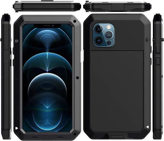 Alt view image 2 of 7 - for iPhone 12 Case,Full Body Protective Cover Heavy Duty Shockproof Tough Armour Aluminum Alloy Metal Case with Silicone Built-in Screen Protector for Apple iPhone 12 Pro 6.1 Inch - Black