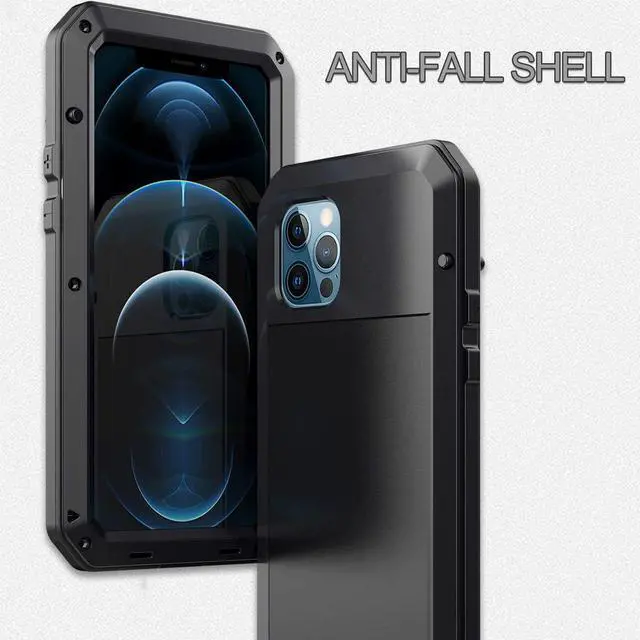 Alt view image 4 of 7 - for iPhone 12 Case,Full Body Protective Cover Heavy Duty Shockproof Tough Armour Aluminum Alloy Metal Case with Silicone Built-in Screen Protector for Apple iPhone 12 Pro 6.1 Inch - Black