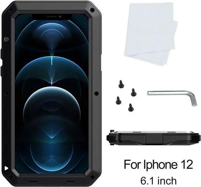 Alt view image 7 of 7 - for iPhone 12 Case,Full Body Protective Cover Heavy Duty Shockproof Tough Armour Aluminum Alloy Metal Case with Silicone Built-in Screen Protector for Apple iPhone 12 Pro 6.1 Inch - Black